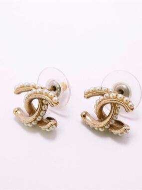 CHANEL Gold-Tone Faux Pearl CC Logo Stud Earrings